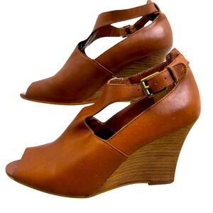 Ralph Lauren Hannie Brown T Strap Peep Toe Wedge Sandals Leather Sz 8.5